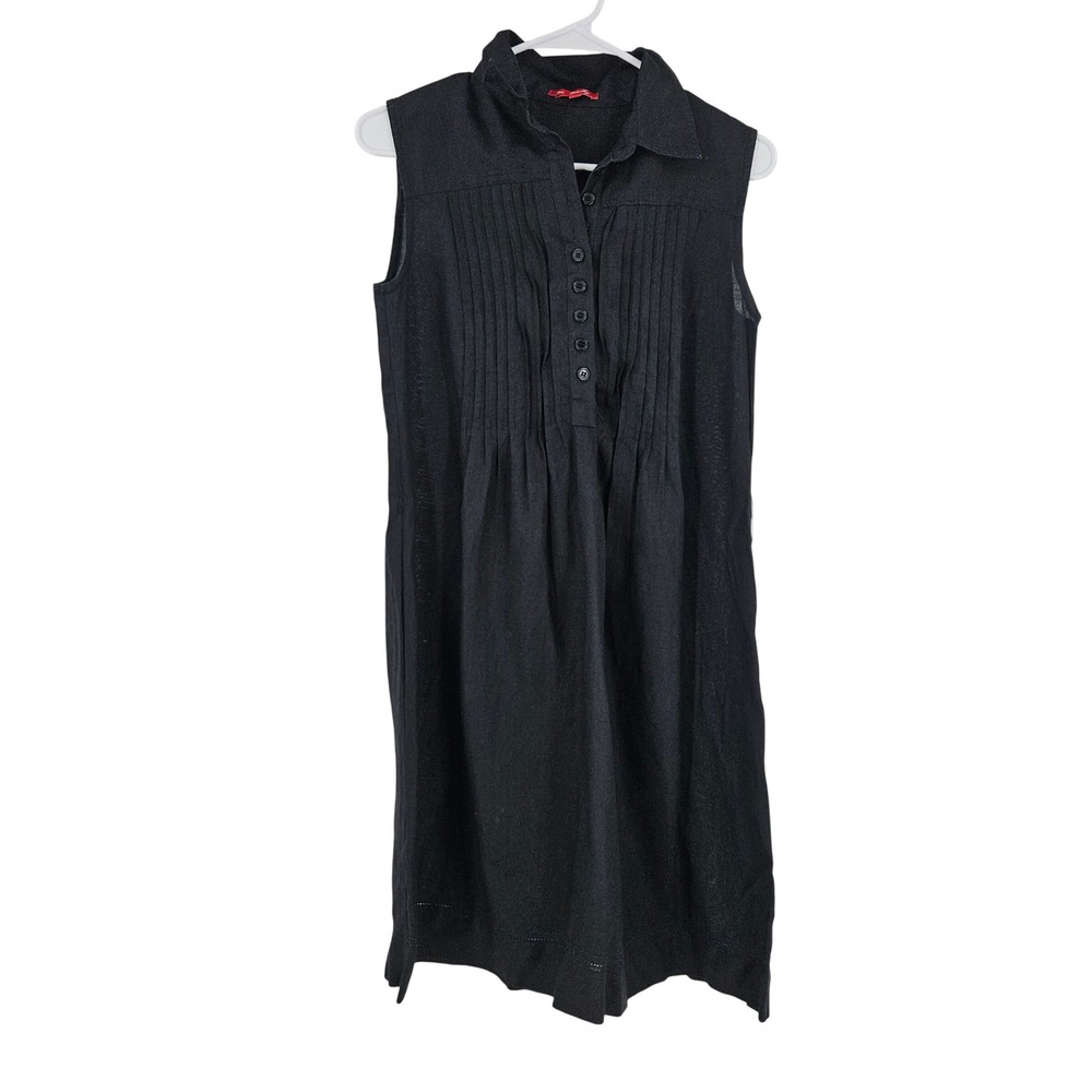 Derhy Shirt Dress Black Linen Blend Sleeveless Pleated Button-Front Mini Size S